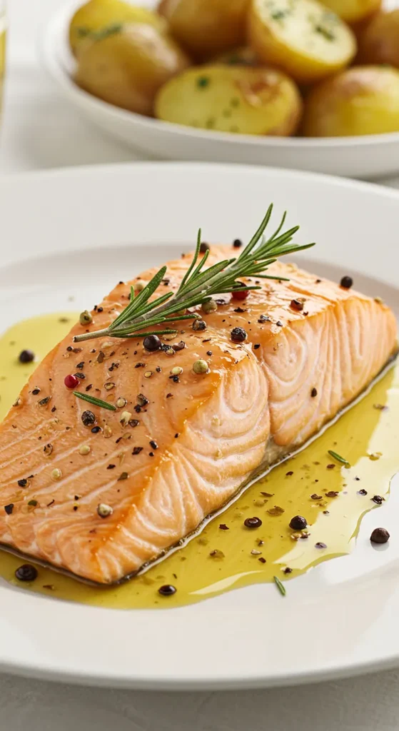 Brine Smoked Salmon fillet, cooked and seasoned, served on a white plate with roasted potatoes in the background, highlighting the dish's preparation and ingredients.
