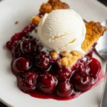 Delicious cherry cobbler with vanilla ice cream on top, served with juicy cherries and a golden, crumbly crust.