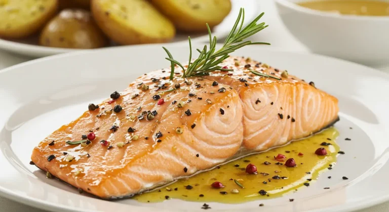 Brine Smoked Salmon fillet, golden-brown and flaky, served with roasted potatoes on a white plate, showcasing the dish's preparation.