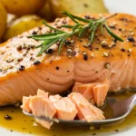 Close-up of Brine Smoked Salmon fillet with flaky texture, served with roasted potatoes and a yellow sauce, showcasing the dish's preparation and ingredients.