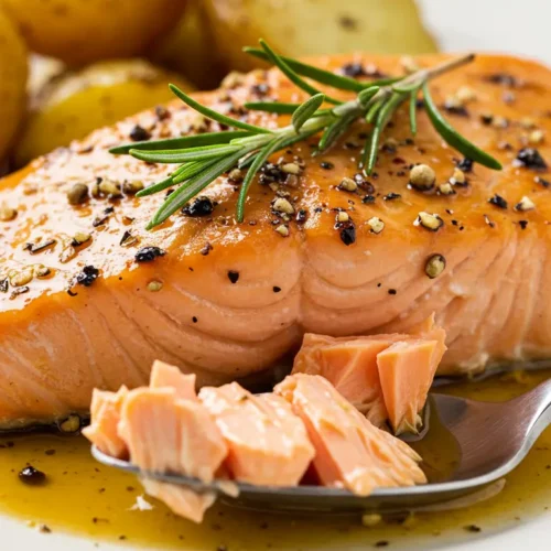 Close-up of Brine Smoked Salmon fillet with flaky texture, served with roasted potatoes and a yellow sauce, showcasing the dish's preparation and ingredients.