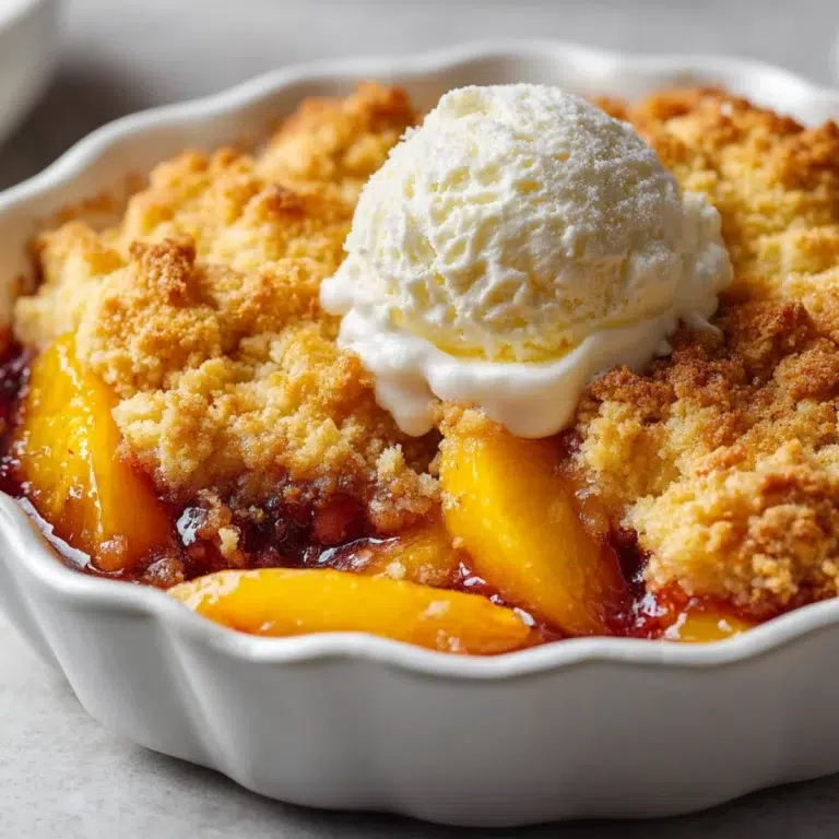 Golden peach cobbler with a crumbly cake topping and a scoop of vanilla ice cream in a fluted white ceramic baking dish.
