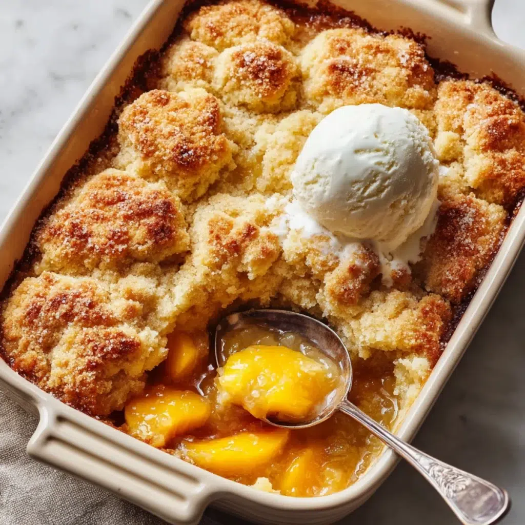 Warm peach cobbler with golden cake topping and vanilla ice cream, served in a ceramic dish with spoonful of peaches.