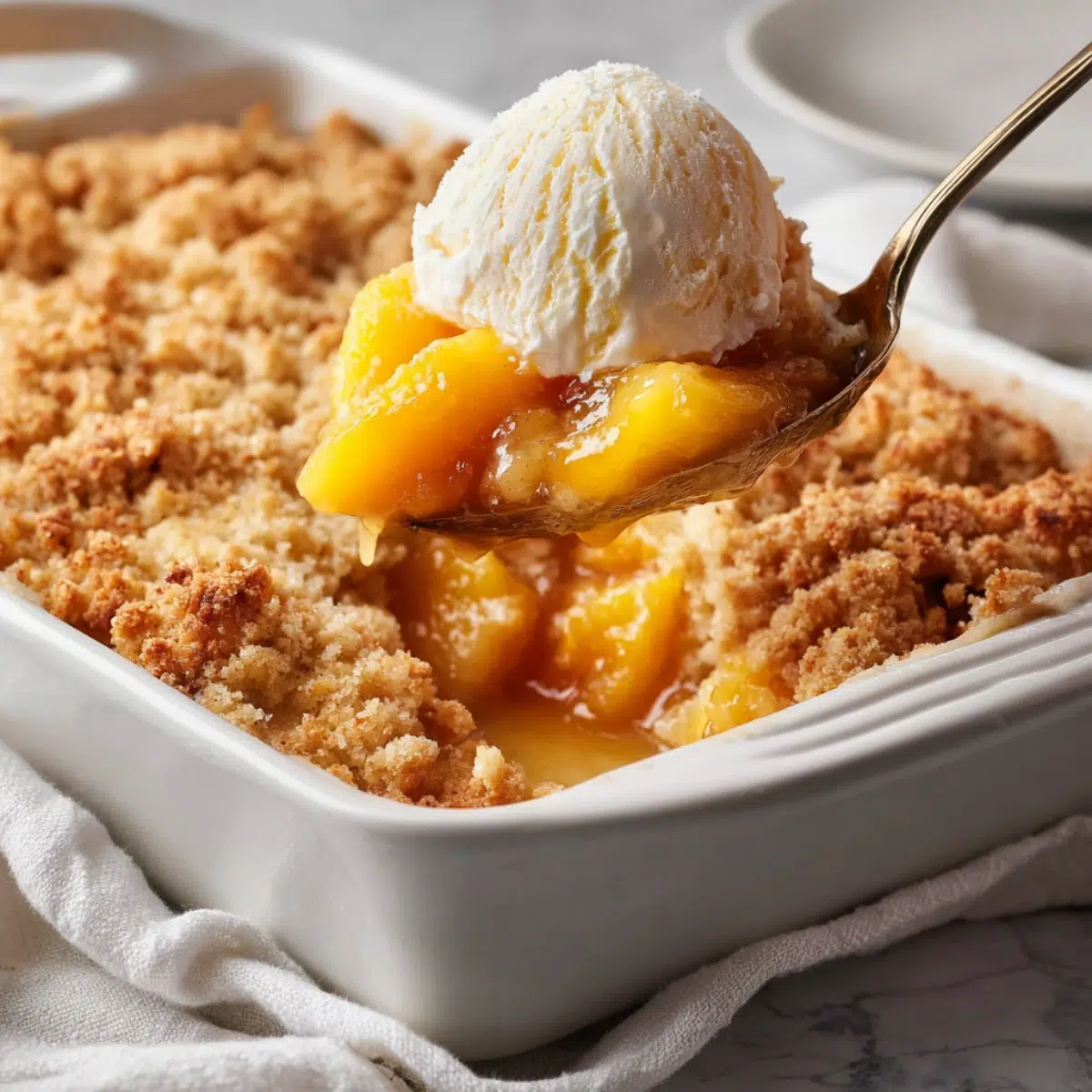 Spoonful of warm peach cobbler topped with vanilla ice cream, served from a white baking dish on a soft linen cloth.