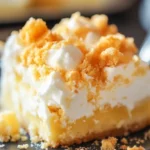 Slice of lemon cream cheese dessert with golden crust, yellow cream, white topping, and yellow crumbs on a dark plate.