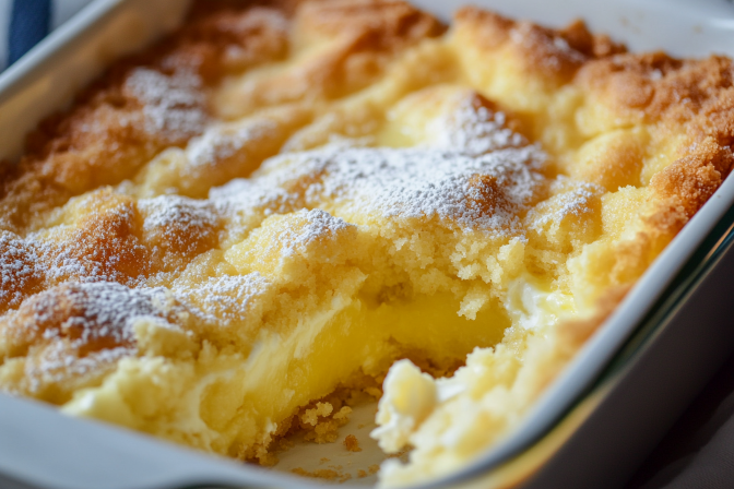 Close-up of Lemon Cream Cheese Dump Cake with a golden crust and dusted with powdered sugar in a baking dish.