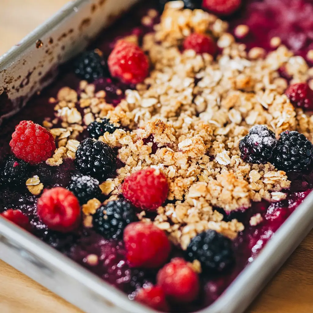 A square baking dish filled with baked berry crumble bars, showing cooked berries and a golden crumble topping.