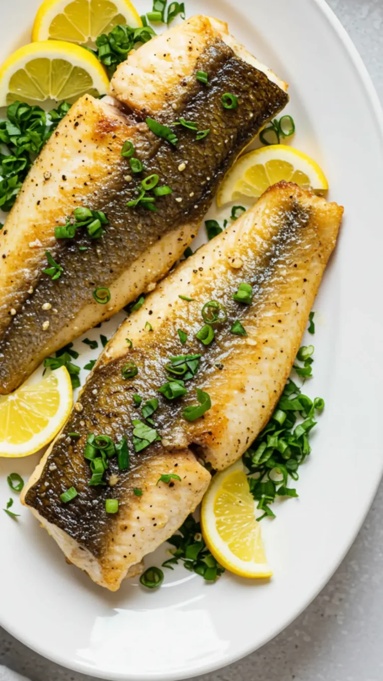 Two cooked fish fillets on a white platter with lemon slices and herbs.