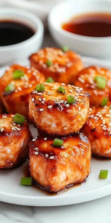 Glazed crispy salmon bites garnished with sesame seeds and green onions, served with dipping sauces on the side.