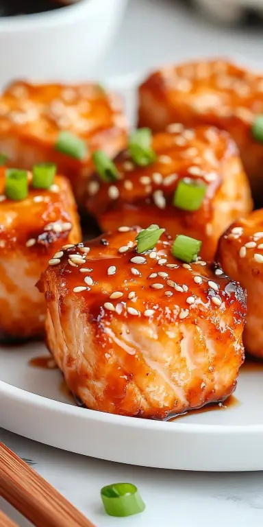 Glazed salmon bites with sesame seeds and green onions, served with dipping sauces for added flavor.