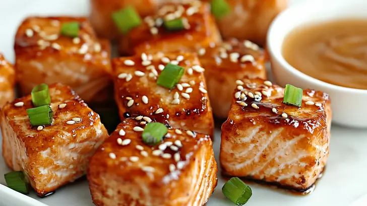 Tender, crispy salmon bites topped with sesame seeds, green onions, and served with a savory dipping sauce.