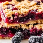 Close-up of two stacked Berry Crumble Bars on a white plate.