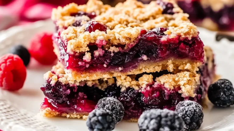 Close-up of two stacked Berry Crumble Bars on a white plate.