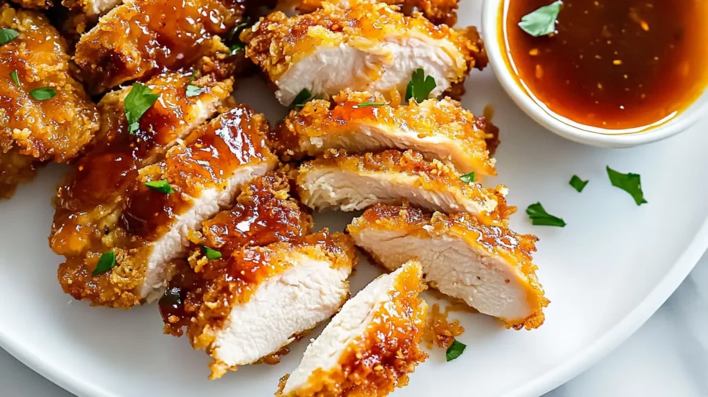Crunchy Hot Honey Chicken, sliced and arranged on a white plate with a side of dipping sauce, showing a golden-brown crust and a sweet, glossy glaze.