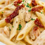 Close-up of creamy Marry Me Chicken Pasta with penne, sun-dried tomatoes, and parsley – a popular dish in the USA.