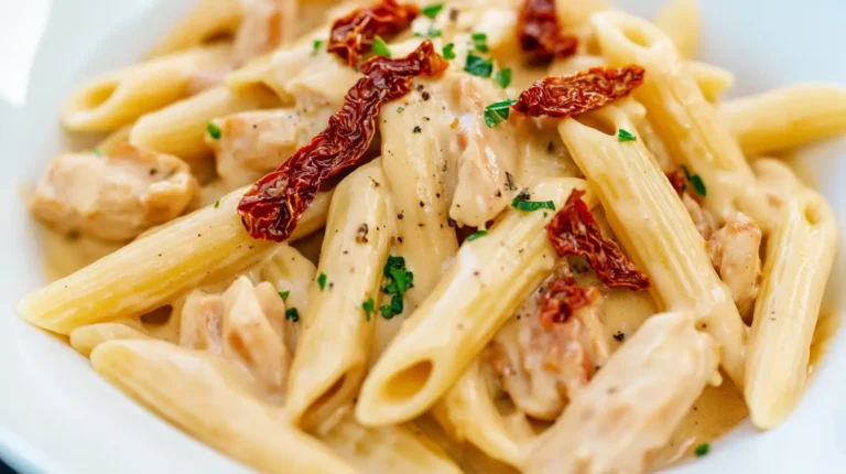Close-up of creamy Marry Me Chicken Pasta with penne, sun-dried tomatoes, and parsley – a popular dish in the USA.
