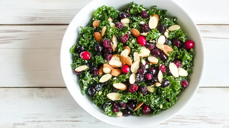 Close-up of kale salad with cranberries and almonds.
