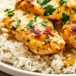 Plated smothered chicken and rice.