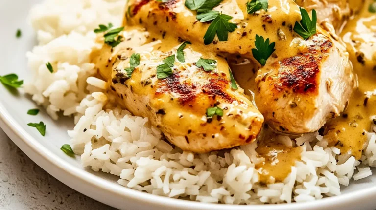 Plated smothered chicken and rice.