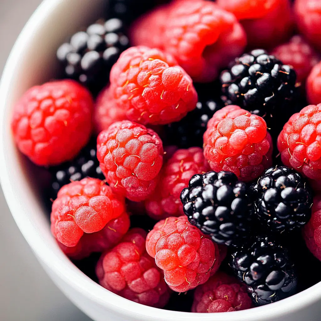 Close-up of a white bowl filled with bright red raspberries and dark blackberries.