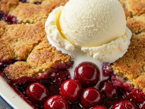 Cherry cobbler topped with vanilla ice cream in a baking dish.