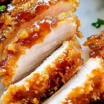 Close-up of sliced, fried chicken pieces showing a thick, white meat interior and a crispy, golden-brown crust coated in a glossy, amber sauce, with a small bowl of dipping sauce visible in the background.