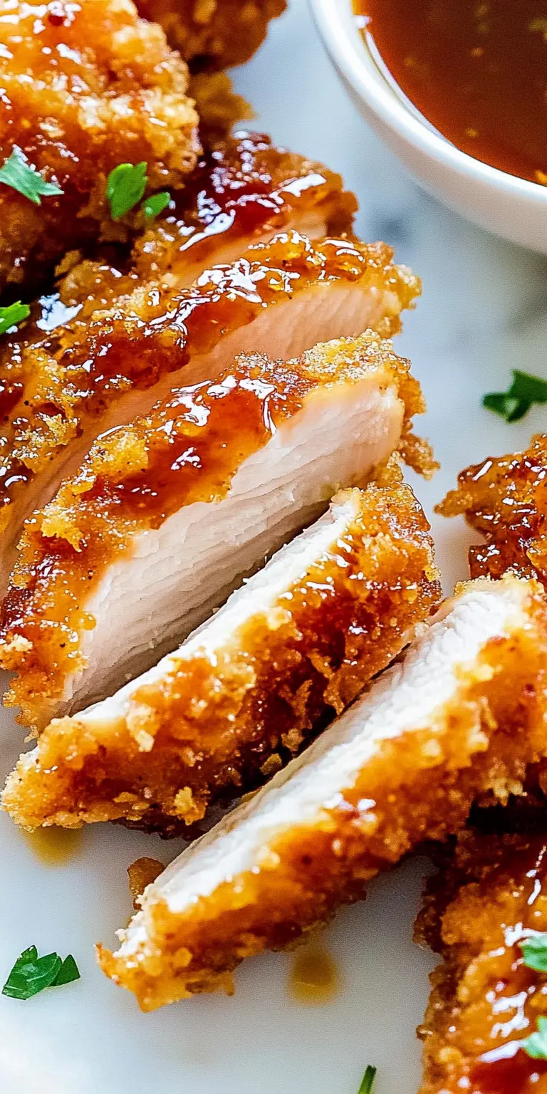Close-up of sliced, fried chicken pieces showing a thick, white meat interior and a crispy, golden-brown crust coated in a glossy, amber sauce, with a small bowl of dipping sauce visible in the background.