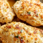 Close-up of golden brown air fryer chicken breasts seasoned with herbs and spices, showcasing juicy texture and 'melt-in-your-mouth' quality