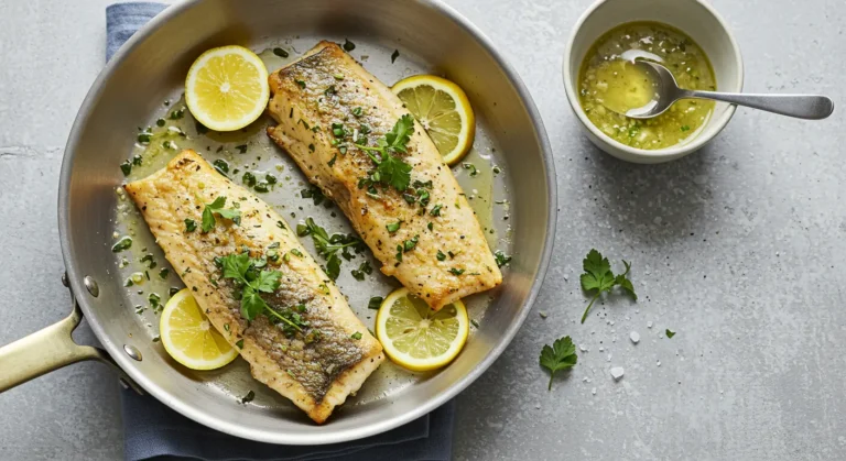 Two cooked swordfish fillets in a skillet with lemon slices, herbs, and a side of sauce.