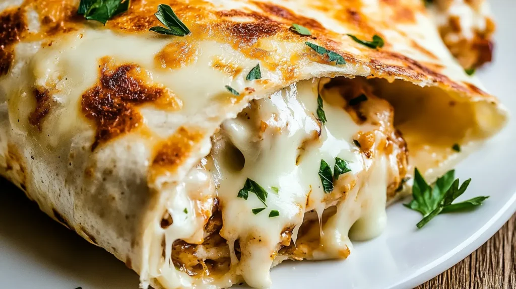 Delicious Garlic Chicken Wraps with melted cheese and herbs, perfect for a quick and tasty dinner