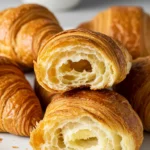 A white plate with several golden-brown croissants, one cut in half, with a white coffee cup blurred in the background.