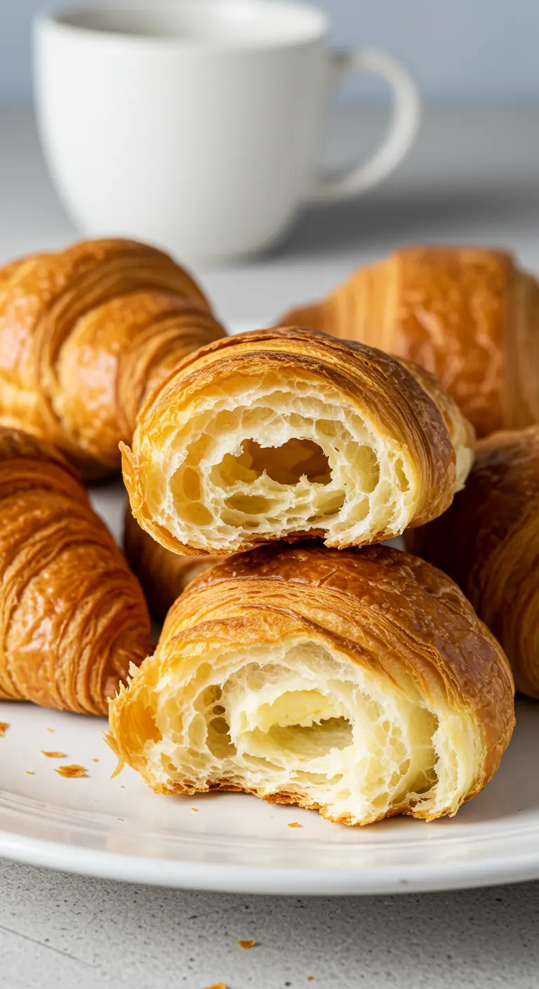 A white plate with several golden-brown croissants, one cut in half, with a white coffee cup blurred in the background.