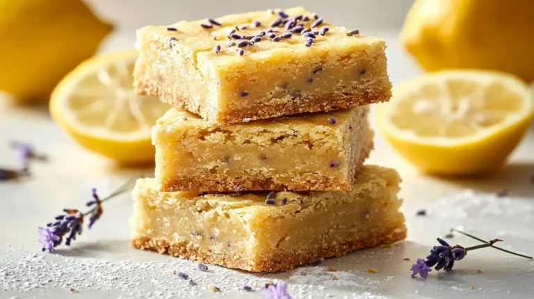 Stack of three lemon bars infused with lavender, surrounded by fresh lemons and lavender sprigs.