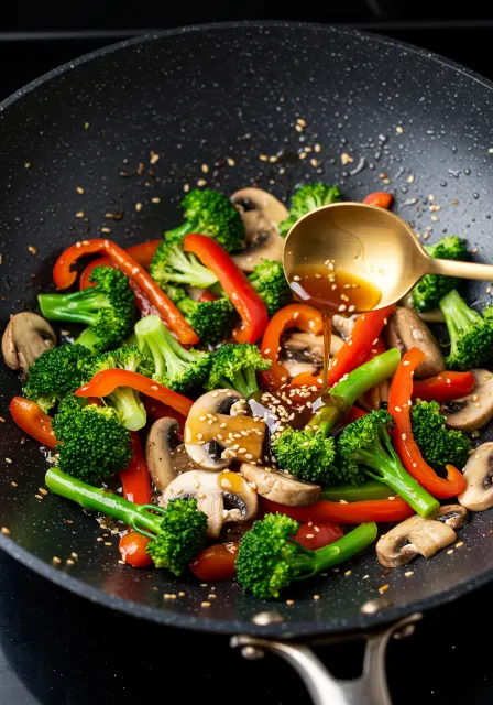 Stir-fried broccoli, mushrooms, and bell peppers with sesame seeds and sauce being poured in a black wok