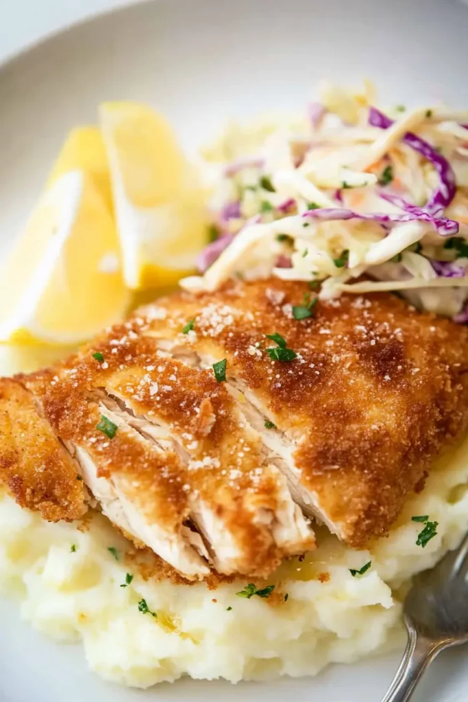 Close-up of sliced parmesan crusted chicken breast on mashed cauliflower, with coleslaw, lemon wedge, and a fork. Focus on texture.