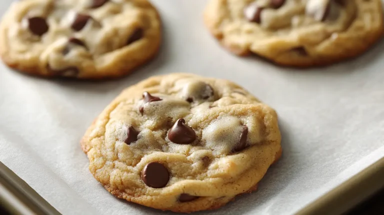 Close-up of freshly baked Crumbl-style chocolate chip cookies on a parchment-lined baking sheet, golden brown with gooey melted chocolate chips.