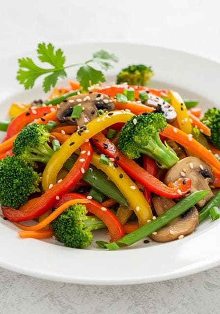 Colorful Broccoli and Mushroom Stir Fry with bell peppers, carrots, sesame seeds, and green onions on a white plate