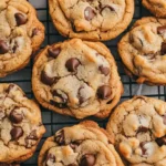 Batch of homemade chocolate chip cookies on cooling rack