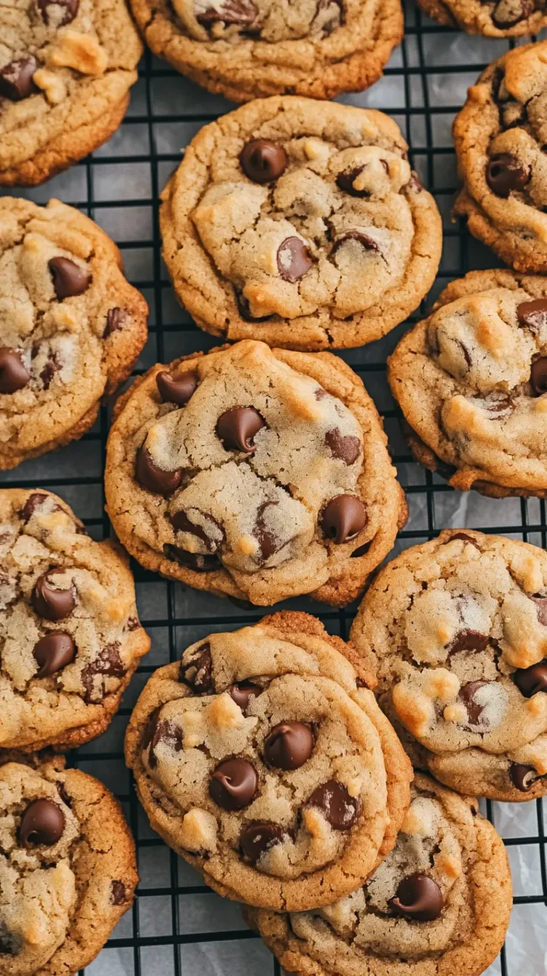 Batch of homemade chocolate chip cookies on cooling rack