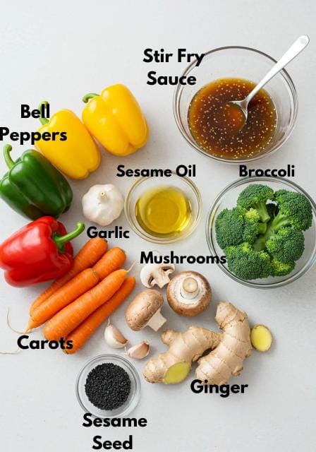 Fresh ingredients for Broccoli and Mushroom Stir Fry including bell peppers, carrots, mushrooms, sesame oil, and stir fry sauce