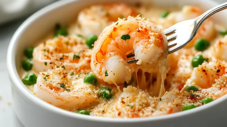 Close-up of Garlic shrimp gratin in a white bowl, shrimp on a fork with melted cheese, breadcrumbs, parsley, and peas visible. Creamy texture.