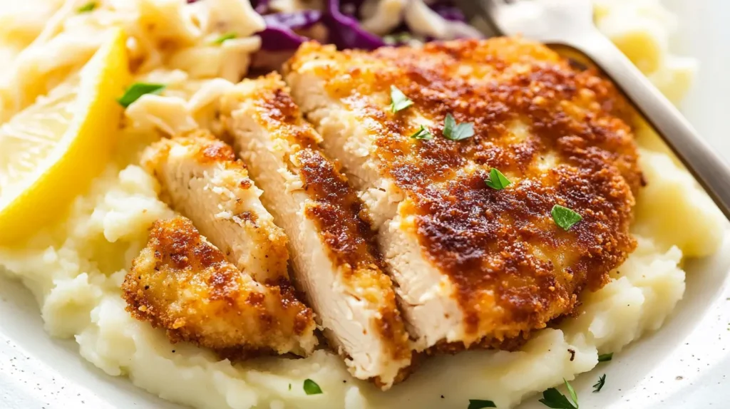 Sliced parmesan chicken breast on mashed cauliflower, with coleslaw and lemon. Close-up, focus on texture and low-carb meal.