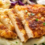 Sliced parmesan chicken breast on mashed cauliflower, with coleslaw and lemon. Close-up, focus on texture and low-carb meal.