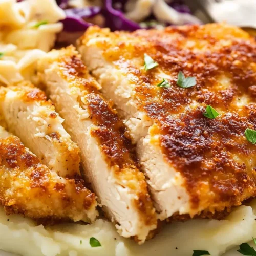 Sliced parmesan chicken breast on mashed cauliflower, with coleslaw and lemon. Close-up, focus on texture and low-carb meal.