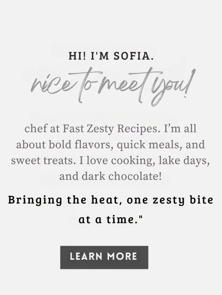 ext introducing Sofia as a chef at Fast Zesty Recipes, who loves bold flavors, quick meals, sweet treats, cooking, lake days, and dark chocolate. The text also includes the tagline "Bringing the heat, one zesty bite at a time." and a "LEARN MORE" button.