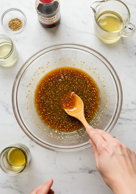 Stir fry sauce being mixed in a glass bowl with a wooden spoon, surrounded by sesame oil, soy sauce, and spices.