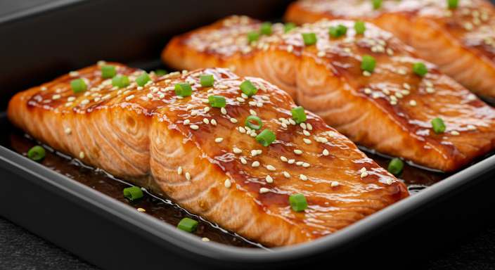 Teriyaki Salmon Recipe fillets glistening on a dark baking sheet, topped with sesame seeds and green onions.