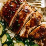 Sliced honey garlic chicken breast served on rice with zucchini, topped with fresh parsley for added flavor.