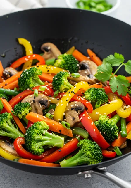 Delicious Broccoli and Mushroom Stir Fry with bell peppers, carrots, sesame seeds, and green onions in a black wok.