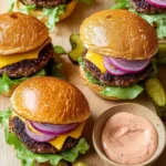 Delicious spread of Smush Burgers with juicy patties, melted cheese, vibrant red onions, crisp lettuce, pickles, and special sauce.